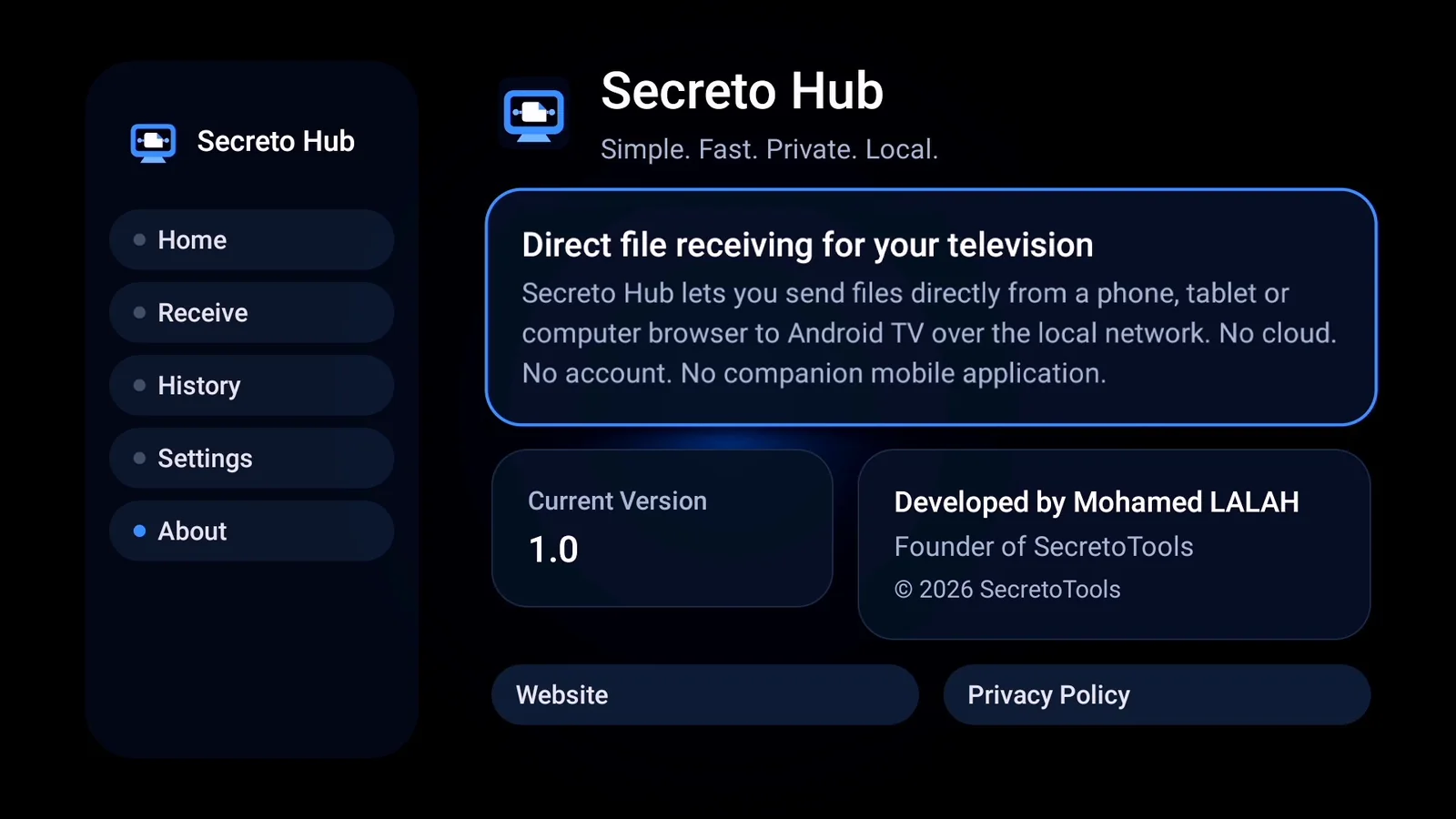 About screen for Secreto Hub version 1.0