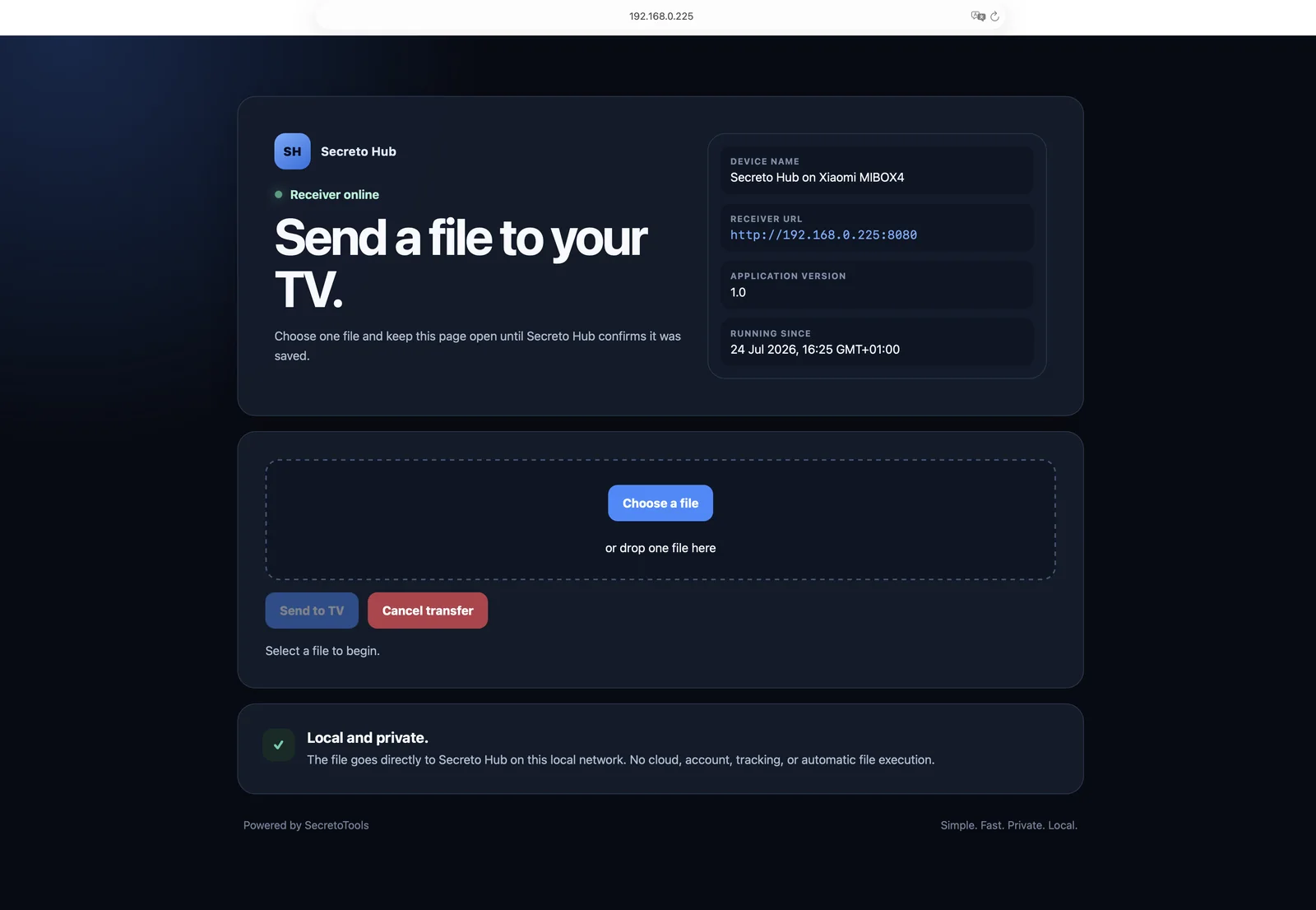 Secreto Hub browser page ready for a file selection