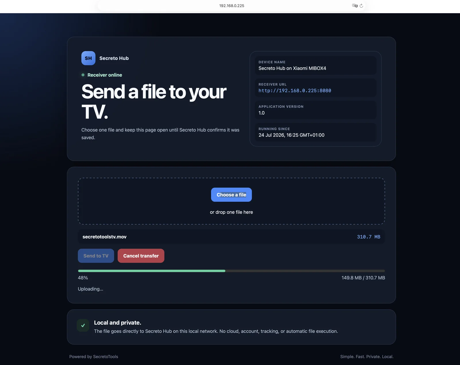 Secreto Hub browser upload page showing a file transfer in progress