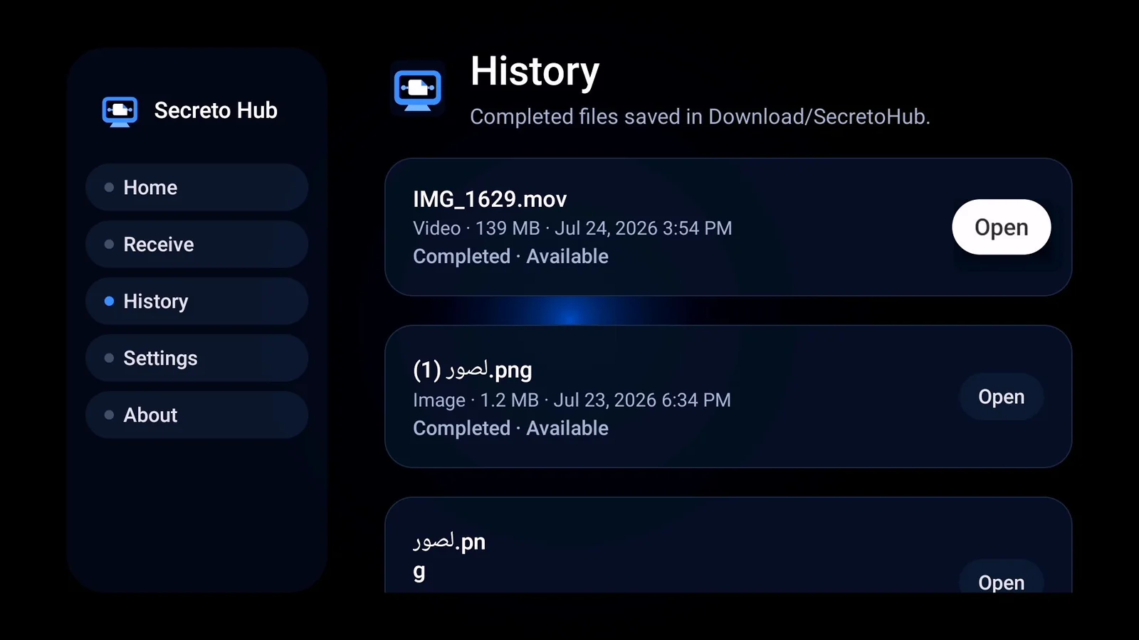 Secreto Hub transfer history showing completed files