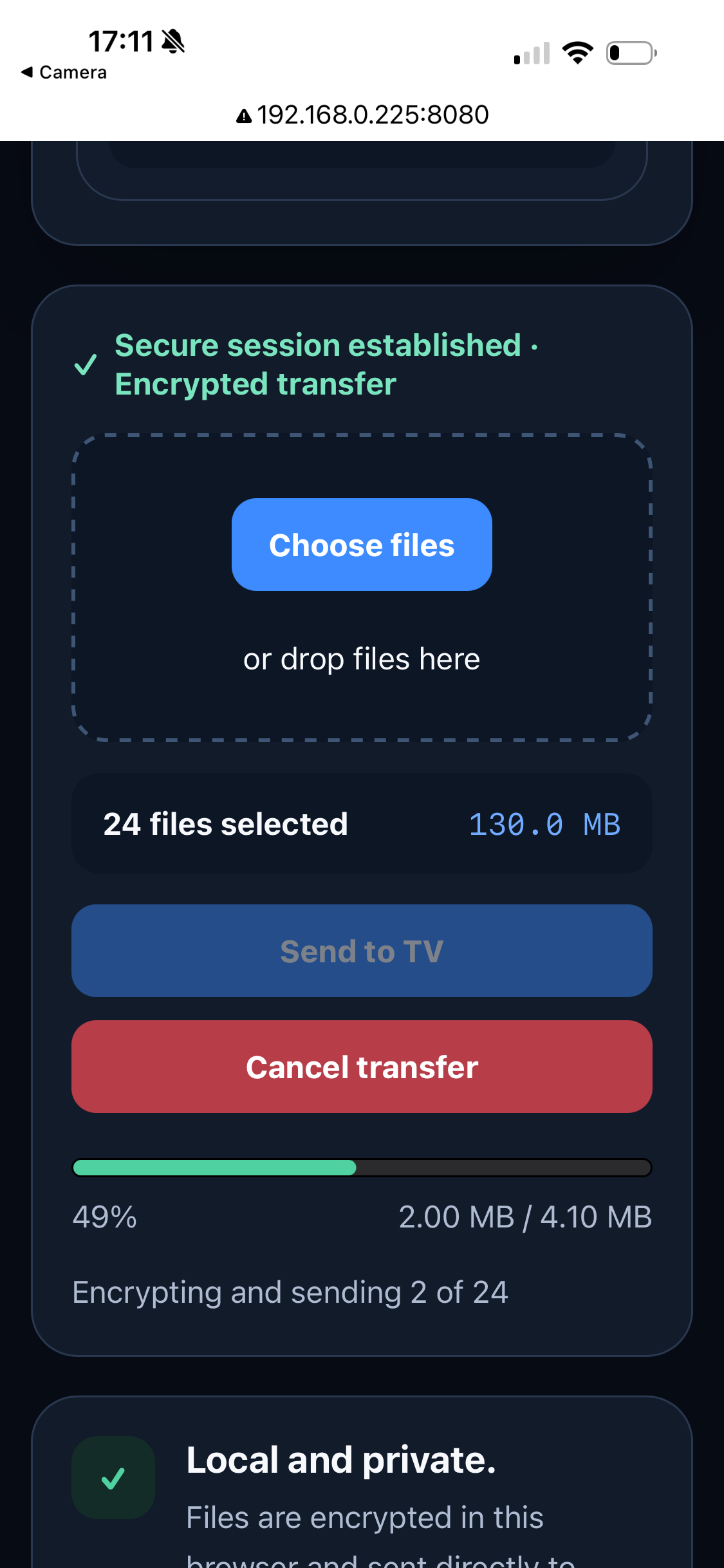 Secreto Hub browser upload page showing a file transfer in progress