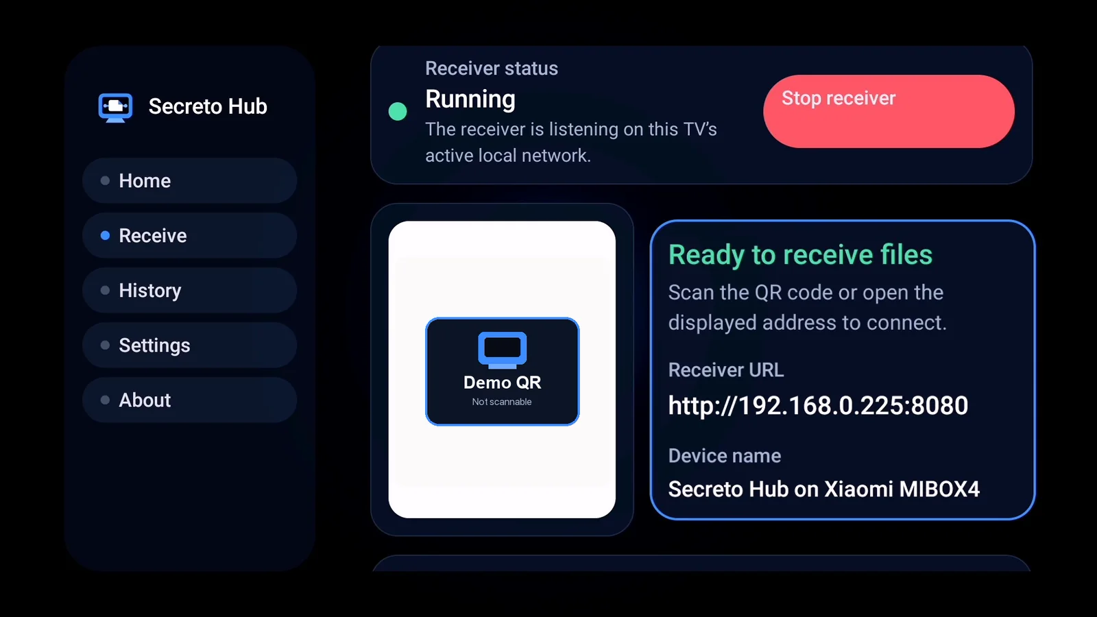 Receiver running on Android TV with a non-functional Demo QR placeholder