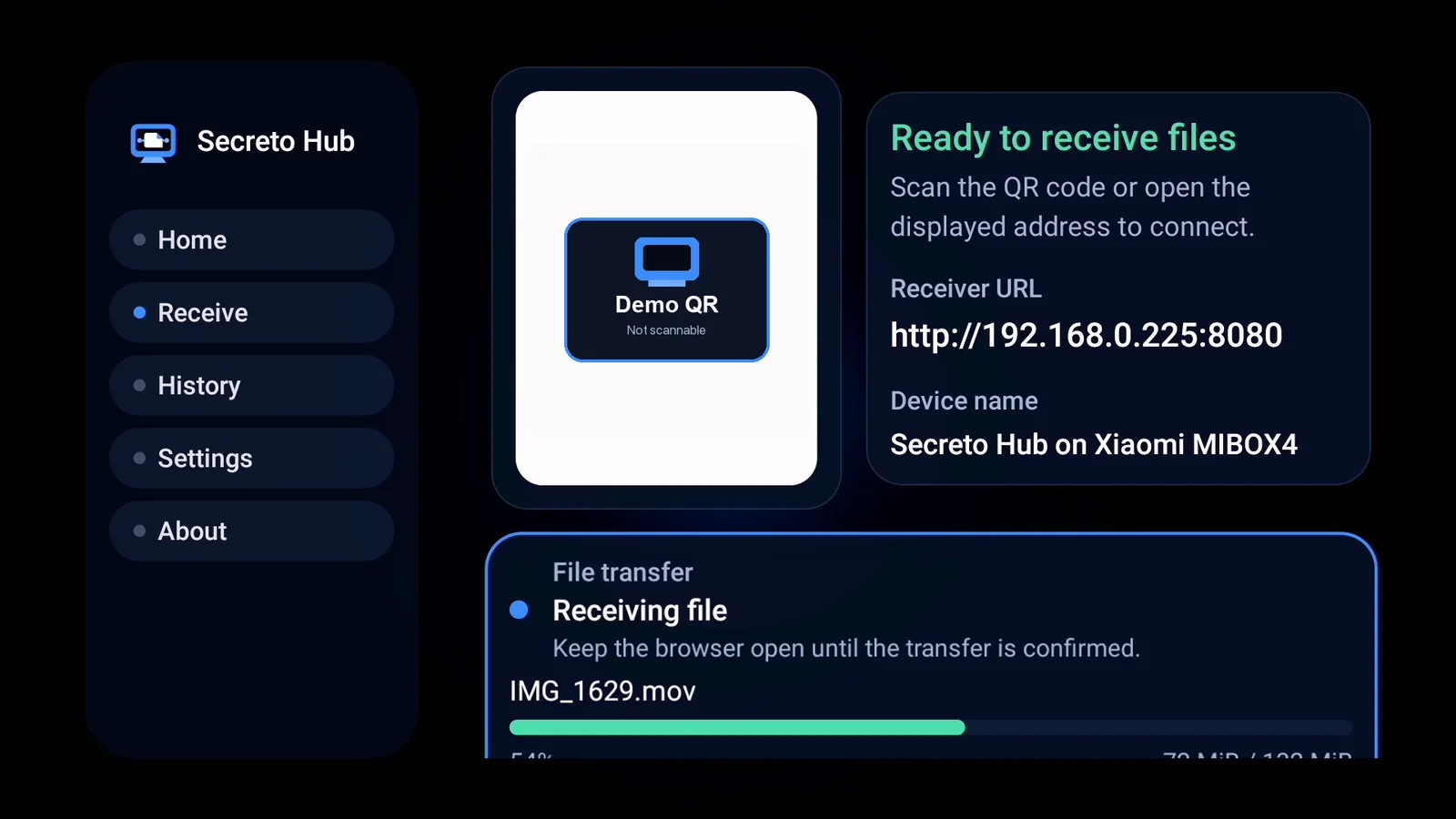 Secreto Hub on Android TV receiving a file with the QR code replaced by a non-functional demo placeholder